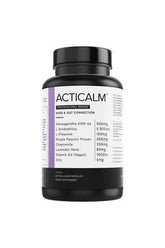 ActiHealth ActiCalm bottle featuring stress management formula with herbal ingredients, vegan capsules for cognitive and digestive health.
